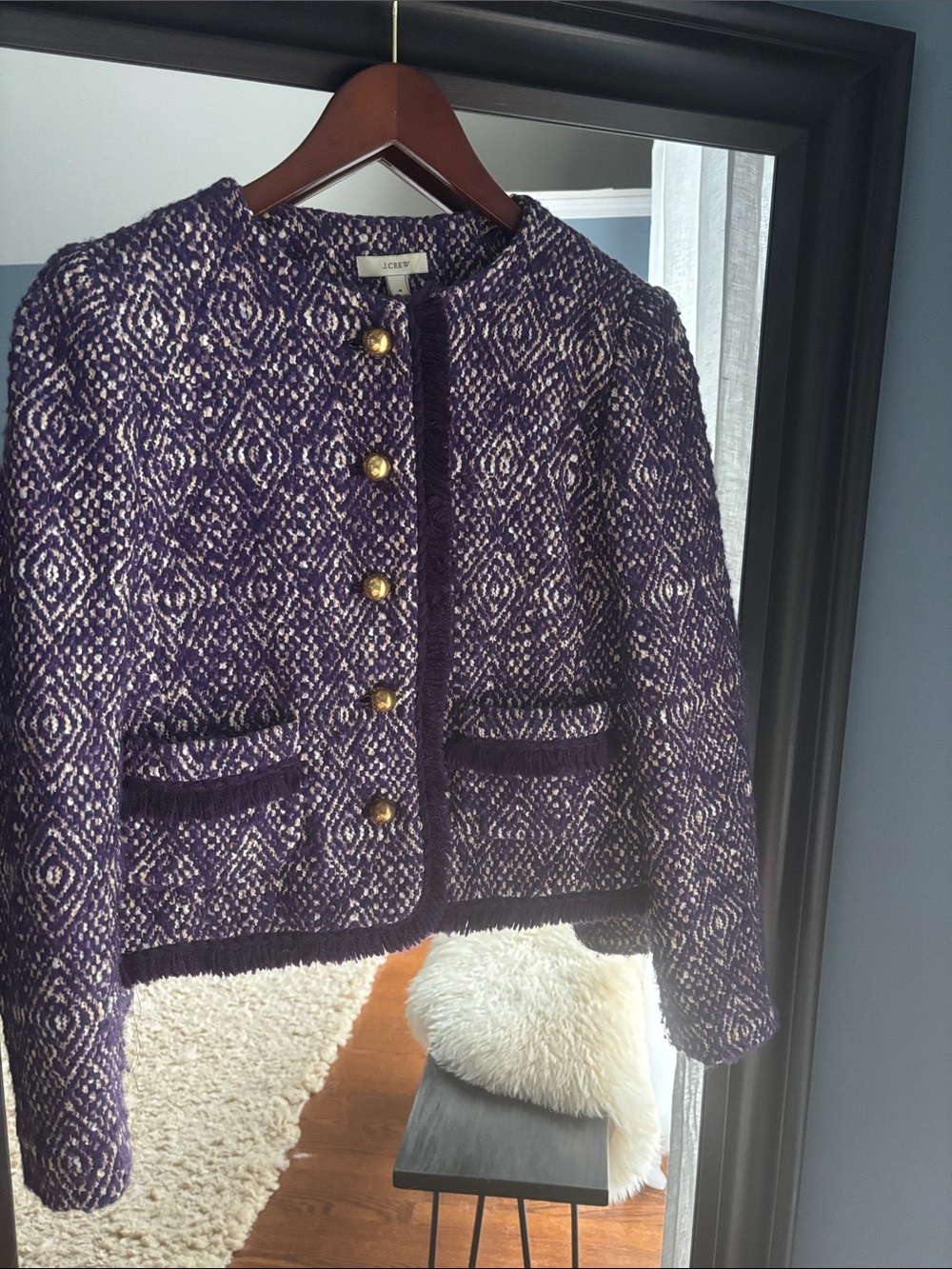 J. Crew Purple and Beige Tweed Cropped Blazer with Gold Buttons